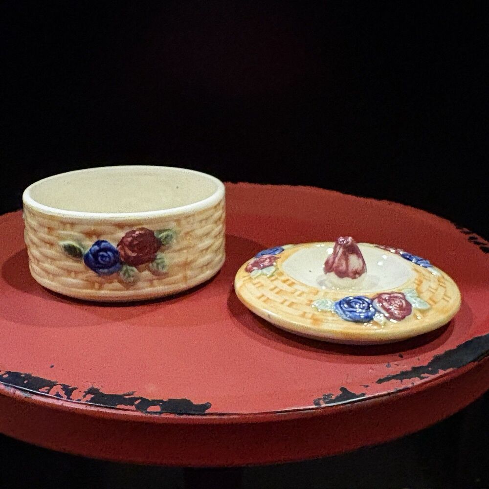 Vintage Ceramic Floral Basket Weave Trinket Dish - Picture 3 of 5